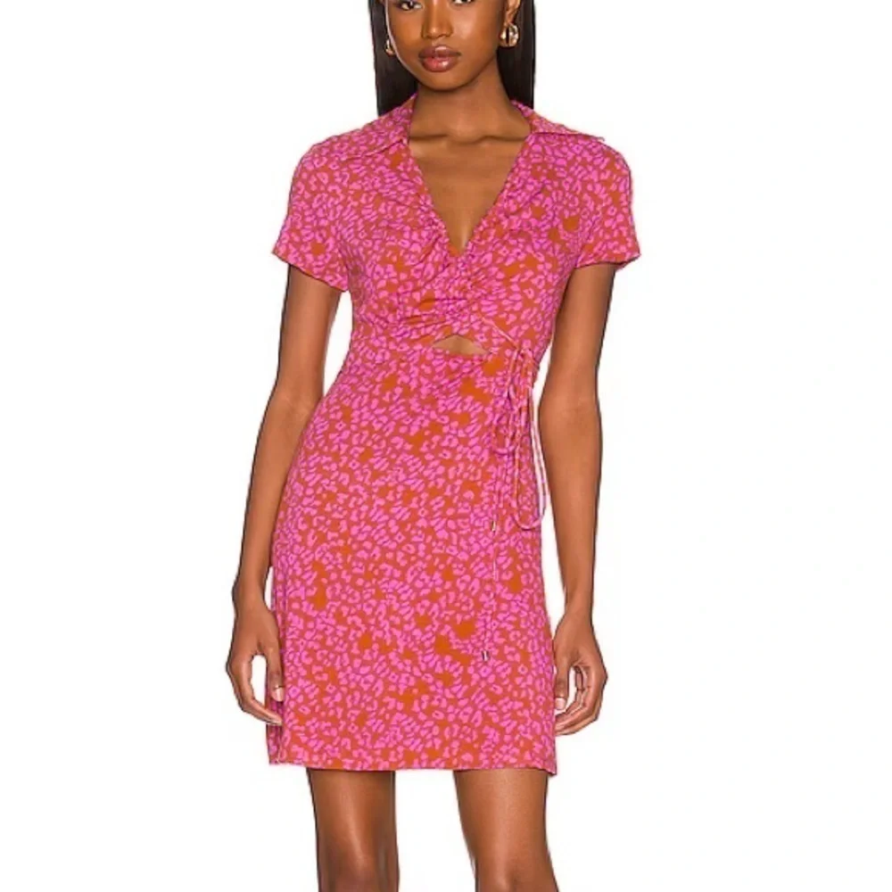 Free People Size Medium Pink Marsaille Mini Dress Leopard Print Wrap Front Tie